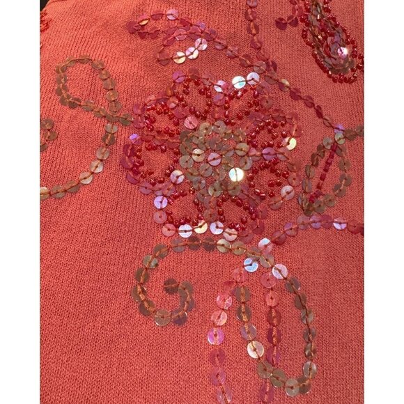 Victor Costa Occasion Sz L Orange/Pink Beaded Sequin Sweater Knit Top Womens - Picture 3 of 7